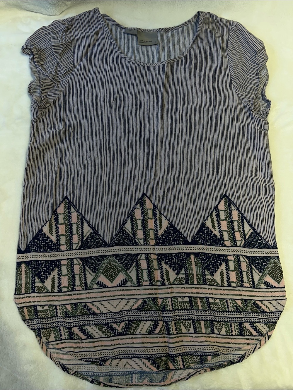 Vero Moda Navy & Pale Pink Striped Tunic with Geometric Embroidery